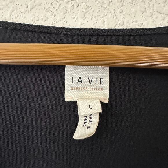 LA VIE REBECCA TAYLOR Poplin Blouse Black Ruched Sleeve V-Neck Bow - Picture 8 of 12